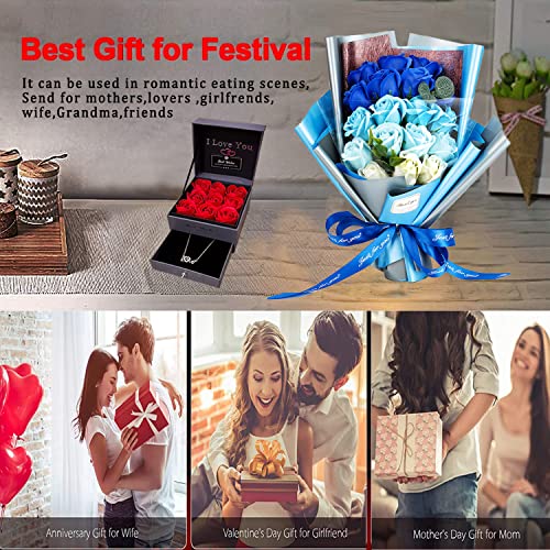 EIGHTOWN Roses Bouquet Artificial Flower - Preserved Blue Rose Flowers with Love Necklace for Her - Unique Gifts Valentine's Day, Mother's Day, Thanksgiving, Birthday, Anniversary - color: Navy and Blue