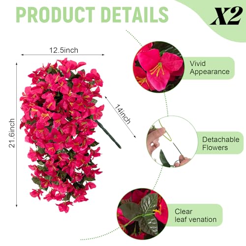 Fake Bougainvillea Artificial Flowers for Outdoors Decoration 2 pcs Faux Hanging Flowers Plants for Outdoor Planters UV Resistant Silk Bougainvillea Vines for Front Door Porch Urn Patio Garden - color: Hot Pink
