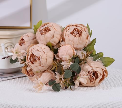 Duovlo Artificial Peony Silk Flowers Fake Flowers Vintage Wedding Home Decoration,Pack of 1 (Light Champagne) - color: Light Champagne