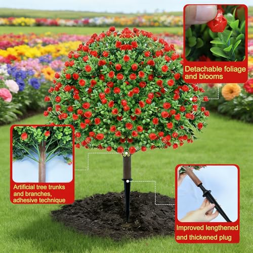 Artificial Topiary Rose Set of 2, Boxwood Ball with Ground Spike | Low Faux Flowers Artificial Plants, Shrub Bushes for Porch, Fake Ball Trees for Outdoor Planters Indoor Decor - color: Rose