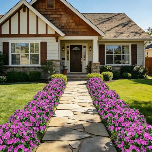 Roberly 6 Bundles Artificial Flowers for Outdoors, Faux Silk Catharanthus Roseus Flowers Bouquet Fake Greenery Plant for Spring Summer Garden Patio Porch Window Box Table Home Decor, Purple - color: Purple