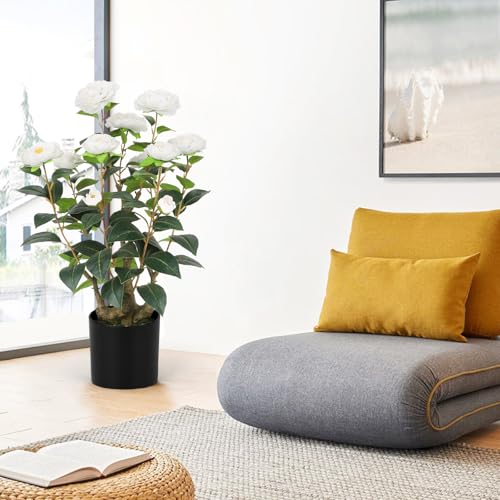 Romantic Season 2FT White Artificial Camellia Tree 2Pack, Faux Camellia Plant Fake Potted Camellia Flower Tree Plastic Camellia Tree for Modern Home Office Living Room Floor Décor - color: White, size: 2FT