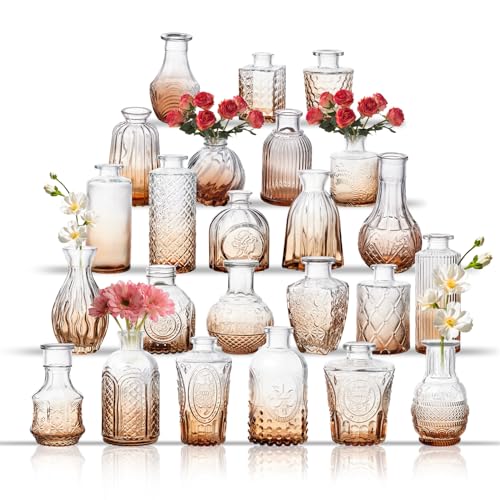 Glass Bud Vase Set of 24, Small Flower Vases, Glass Vases for Centerpieces, Vintage Home Table Decorations Bud Vases (24 Pcs, Amber) - color: Amber, size: 24 Pcs