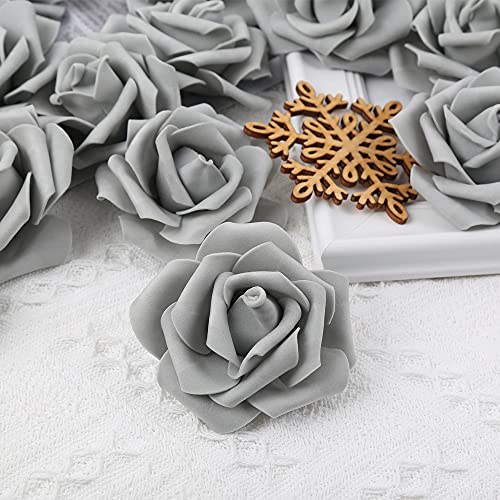 IPOPU Artificial Rose Flower Heads, 100 Pcs Real Looking Silver Gray Foam Fake Roses for DIY Wedding Baby Shower Centerpieces Arrangements Party Tables Home Decorations (Silver Gray, Stemless) - color: 100pcs Silver Gray