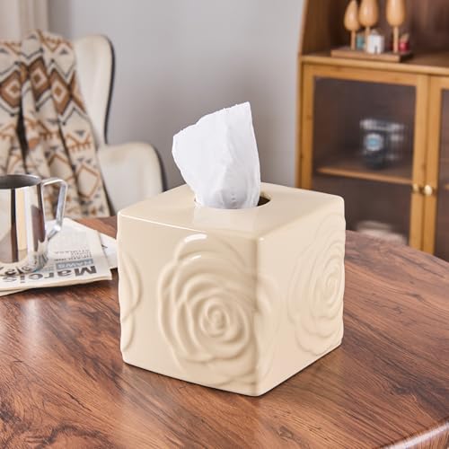 Beige Ceramic Cube Tissue Box Cover with Rose – Large Elegant Rose Floral Square Decorative Tissue Box Holder for Bathroom, Bedroom, Office Desk, Kitchen Counter – Perfect Housewarming Gift - color: Beige