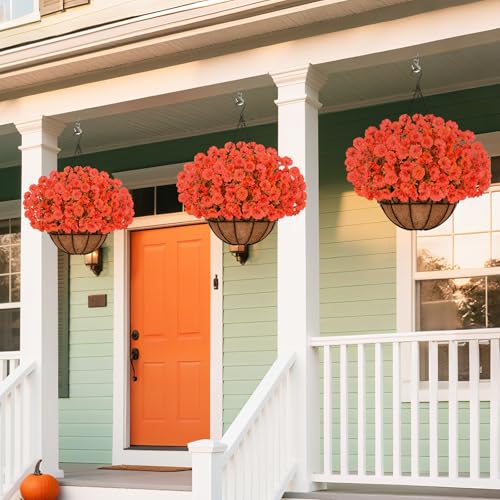 Yastouay 2 Pack Artificial Fall Hanging Baskets for Outdoors, Fake Hanging Plants Faux Petunias Flowers, Realistic UV Resistant Fall Flowers for Outdoors Porch Garden Patio Decor - color: Orange, size: 24 Bundles