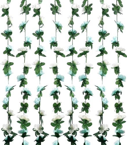 Miracliy 8Pcs 66FT Blue Flower Garland, Artificial Rose Floral Vines Fake Hanging Spring Flower Garland for Wall Backdrop Wedding Arch Tea Party Door Mantle Decoration (Each Pcs 8.2FT) - color: White&blue-8pcs