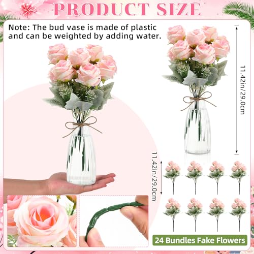 Zeyune 36 Pack Artificial Flowers Centerpiece with Vase Bulk for Wedding Table 24 Bundles Silk Floral Faux Rose Bouquet with 12 Plastic Vase for Bridal Shower Table Decor(Light Pink) - color: Light Pink