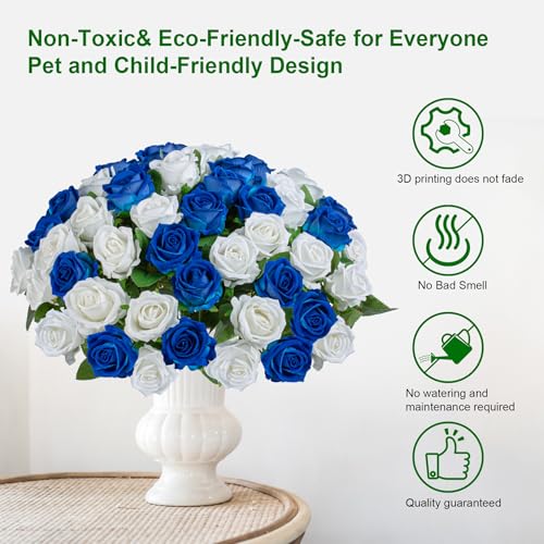 Artificial Flowers Roses Touch Fake Rose Bouquet Flower Stem For Wedding Centerpieces Diy Wreath Home Decorations Silk Roses Mothers Party Fake Outdoor Flowers Decor 19.6"(White & Blue 50PCS) - color: White Blue 50pcs