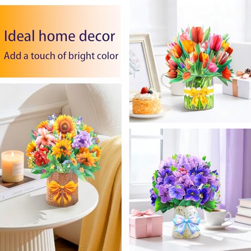 Pop Up Flower Cards 3 Pack — 3D Floral Bouquet Pop Up Cards for Mom - Mothers Day Card, Birthday Card for Women, Get Well Card with Envelope - Tulip Sunflower Violet Paper Flower Bouquets - style: Tulip Sunflower Violet
