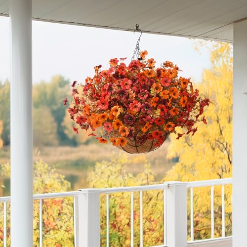 ZFProcess Artificial Fake Fall Hanging Plants Flowers Basket, Faux Silk Daisy in Planter Realistic UV Resistant for Outside Home Patio Balcony Yard Autumn Outdoor Decoration (Orange Brown Red) - color: Orange Brown Red