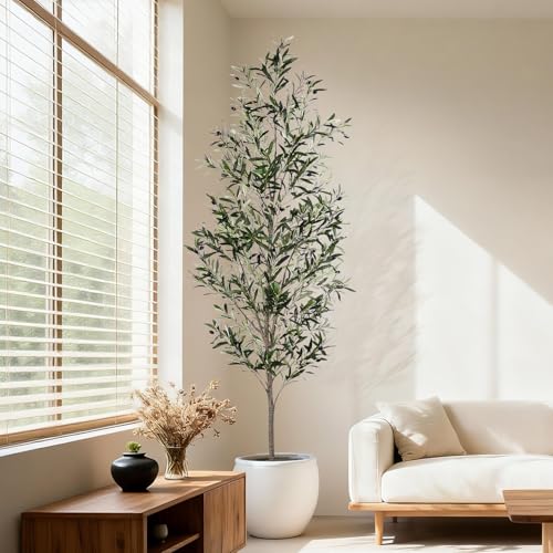 Jocoevol Olive Tree, 7FT Artificial Indoor Tall Faux Olive Trees w/Planter & Natural Wood Trunk and Lifelike Fruits, Fake Olive Artificial Tree for Home Office Decor - size: 7ft