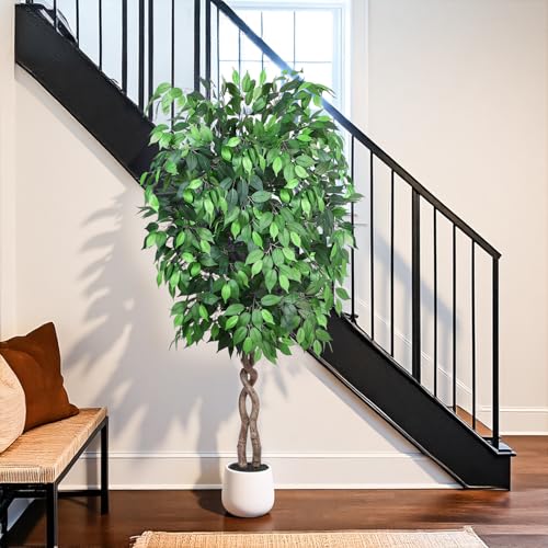 Jocoevol 6FT Artificial Ficus Tree, Tall Faux Trees Indoor with White Planter, Dried Moss, Natural Silk Leaves & Trunk, Fake Plants for Home Living Room Office Corner Decor Housewarming Gift - color: Green, size: 6ft