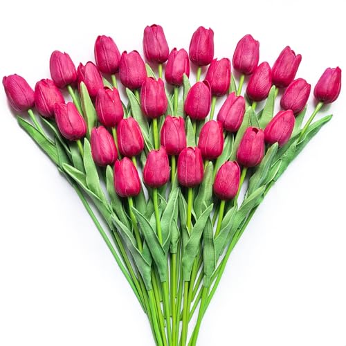 30 PCS Artificial Tulips Real Touch Tulips 13.5inch Long Stem Fake Flowers Silk Flowers for Spring Easter Mother's Day Decorations (Rose-red) - color: Rose-red