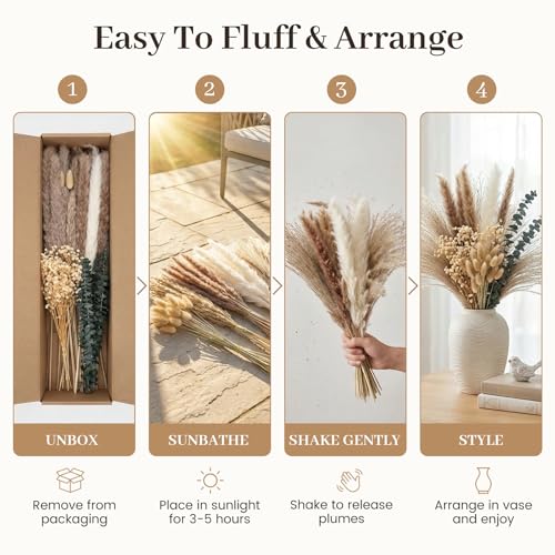 JOHOUSE 120PCS Dried Pampas Grass Set for Vase, Natural Pampas Grass Eucalyptus Stems Bunny Tails 17 inches for Boho Home Wedding Farmhouse Decor