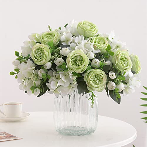 4 Bunches Green Peony Artificial Flowers for Decoration Faux Rose Fake Bouquet Silk Arrangements Table Centerpiece for Vase Cake Topper Bridal Baby Shower - color: Green & White