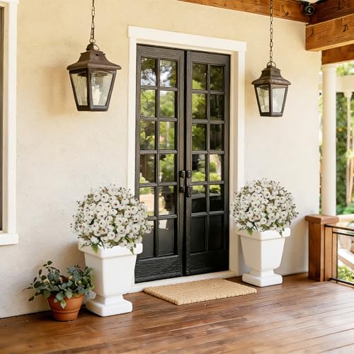 24” Artificial Flowers for Outdoors, Set of 2- UV Resistant Look Real Faux White Mums with Cement Pots, Realistic Fake Plastic Plants for Front Porch Planter Entryway Indoor Decor - color: Chrysanthemum Cream White