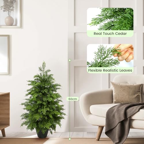 2ft Artificial Cedar Topiary Trees 2 Pack,Real Touch Cedar Tree Faux Plants Potted UV Resistant Evergreen Tree for Outdoor Indoor Door Garden Farmhouse Home Decoration - size: 2ft