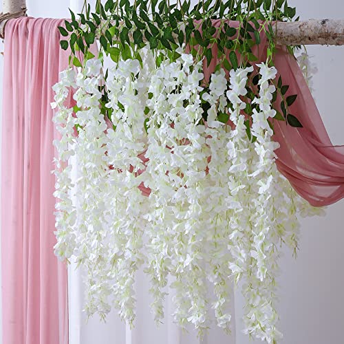 Duovlo 12 Piece Artificial Silk Wisteria Vine 3.6 Feet Ratta Hanging Flower Garland String Home Party Wedding Decor (White) - color: White