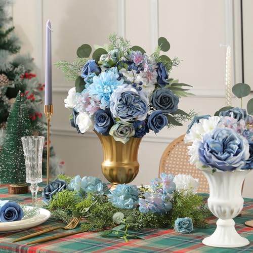 Floweroyal 36 Pcs Artificial Flowers Combo Dusty Blue Flowers Mix Silk Flowers Dahlia Roses with Stems for Wedding Bridal Bouquets, Baby Shower, Floral Arrangement, Table Centerpieces
