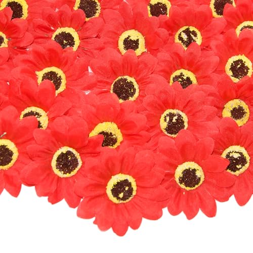 50 Pcs Faux Sunflower Heads for Craft, 2.76 Inch Artificial Sunflower Flower Heads, Red Flowers Silk Sunflower Bulk for Home Wedding, Clothing Accessories, Hair Decoration - color: Red