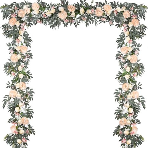 DearHouse 2Pack Artificial Peony Flower Garland - 6ft/Strand Silk Peony Flower Greenery Garland with Fake Willow Leaves for Wedding Ceremony Backdrop Party Table Centerpieces Decor(Champagne) - color: Champagne