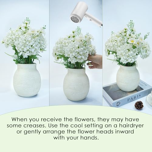 Fake Flowers with Vase for Home Decor, Faux Flowers with Paper Pulp Pot, Flower Arrangement with Silk Dahlias, Office Dining Living Room Decor, Centerpiece Table Decorations, White - color: White