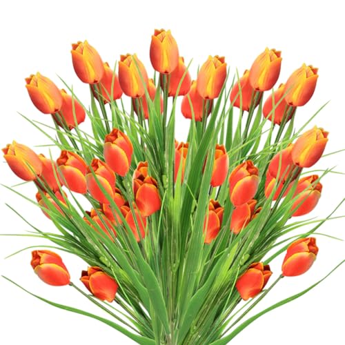 10 Bundles Artificial Tulips Flowers Outdoor,16.5 inch UV Resistant Fake Tulips Real Touch Flowers,Faux Tulips Realistic Flowers for Home Garden Outside Wedding Decor (Orange) - color: Orange