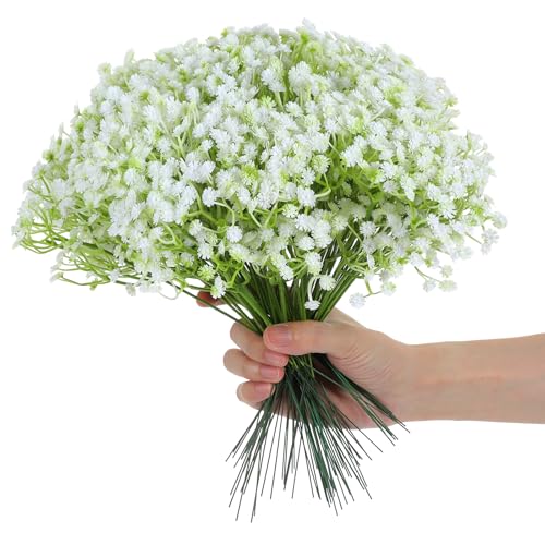 Grevosea 120 Pcs Baby Breath Artificial Flowers - White Green Gypsophila Babies Breath Flowers Artificial Bulk Faux Flower Bouquet Flores Greenery Real Touch Arrangements Wedding Tables Decorations