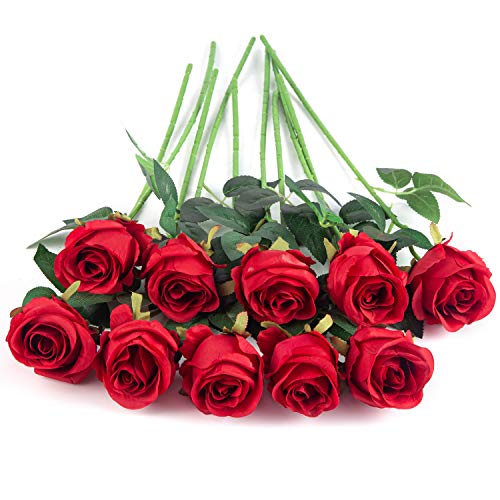 10pcs Artificial Rose Flowers Long Stem Fake Silk Roses for DIY Wedding Bouquet Table Centerpiece Home Decor,Red - color: Red