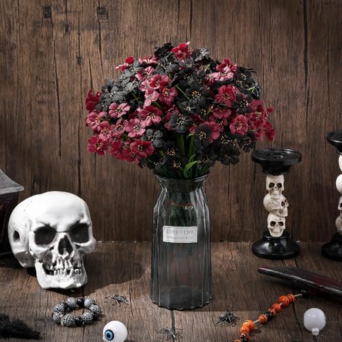 Lyrow 100 Bundles Violet Artificial Flowers, UV Resistant Faux Silk Flowers Outdoor, Fake Violet Bulk for Front Porch Hanging Garden Courtyard Farmhouse Home (Black and Red) - color: Black and Red