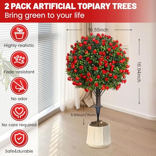 Artificial Topiary Ball Trees with Rose, 2 Pack Artificial Shrubs Bushes with Ground Spike, Fake Plants for Outdoor Front Porch Decor UV Resistant - color: 2 Pack 23" Red Rose