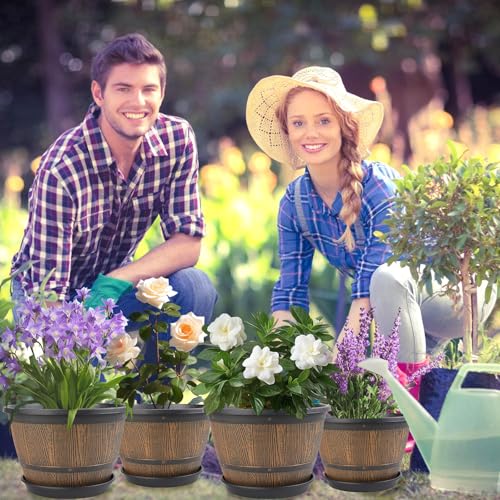 10-inch-Plant-Pots-Indoor-Outdoor, 4 Pack Whiskey Barrel Planters with Drainage Holes & Saucer, Plastic Flower Pots Imitation Wine Barrel Design, Decorative Garden Pots for Plants - color: Whiskey, size: 10-inch