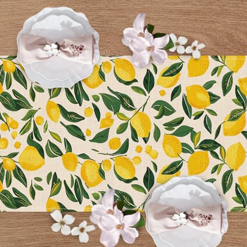 Lemon Dining Table Runner, Spring Summer Citrus Fruit Burlap Kitchen Decoration, Seasonal Indoor Outdoor Home Decor Party Supply 13 x 72 Inches - color: Lemon, size: Table Runner 13''X72''