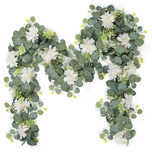 Dremisland Artificial Flowers Garlands 2 Pack 12Ft Artificial Eucalyptus Garland with Dahlia Flower Hanging Flowers Vines Spring Garland for Backdrop Wedding Arch Bedroom Home Wall Room Decor - size: 2PCS