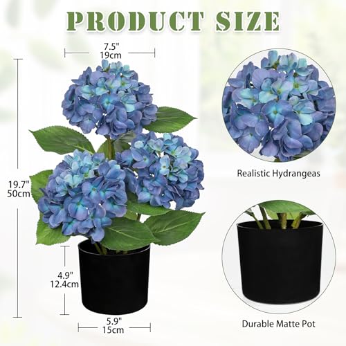 Hollyone Blue Hydrangea Artificial Flowers in Pot Large Silk Three-Head Hydrangeas Flowers Fake Flowers Arrangements for Indoor Home Office Kitchen Table Centerpieces Wedding Decorations - color: Blue, size: 3 Head Hydrangea