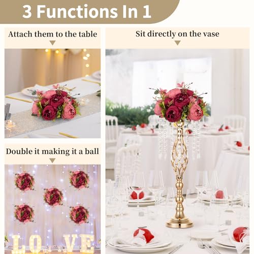 NUPTIO Flower Balls Flowers for Centerpieces: 2 Pcs 9.4 inch Diam Pink & Red Artificial Peony Fake Flower Ball Arrangement Bouquet Center Pieces for Tables Wedding Centerpiece Decorations - color: Pink & Dark Red