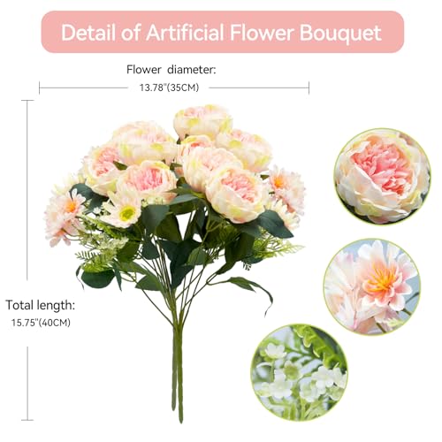 Peonies Artificial Flowers, Fake Peony Bouquet, Realistic Faux Peony Silk Flowers for Wedding, Home Décor, and Table Centerpieces – Ideal for Arrangements and Special Occasions 2 Bouquets (Pink&White) - color: Pink&white