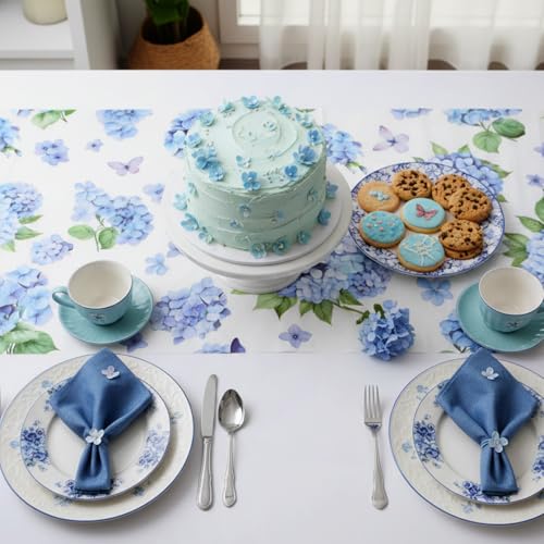 Boao 6 Pcs Plastic Hydrangea Table Runner 14 x 108 Inch Spring Floral Table Runner Watercolor Flower Butterfly Decoration for Women Spring Wedding Bridal Shower Easter Birthday Party Supplies - color: Blue, style: Hydrangea