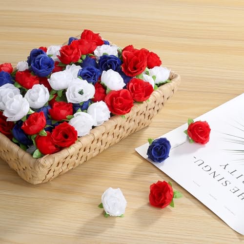 SITUMEIZI 100 Pcs Mini Patriotic Roses Head 4th of July Artificial Flowers Small Rose for Independence Day DIY Decor Blue White Red Silk Flowers for Memorial Day - color: Blue-white-red