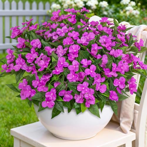 Artificial Flowers for Outdoors Decorations, 6 Bundles Realistic Impatiens Silk Faux Flowers UV Resistant Fake Plants for Outside Pot Patio Garden Porch Planters Window Box Balcony Indoor Home Decor - color: Purple