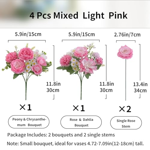 4 Pcs Mixed Artificial Flowers Set, Small Artificial Peony Bouquet Fake Rose Flower Silk Floral Arrangements for Table Centerpiece Home Wedding Party Bridal Decoration(Pink, 2 Bouquets & 2 Stems) - color: Light Pink, size: Mixed 4pcs