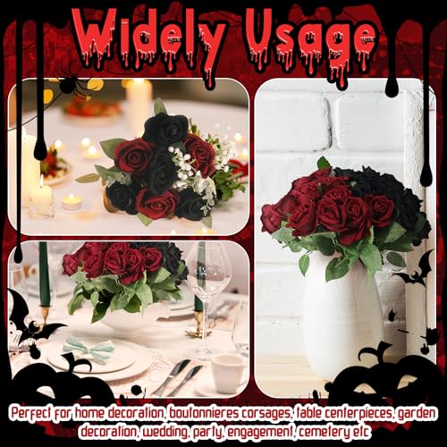36 Pcs Silk Black Red Rose Bouquet Bridal Artificial Flowers,Fake Rose Long Stem Realistic Artificial Flowers Bulk for Wedding Bouquet Ball Arrangement Centerpiece Party Decor - color: Black, Red