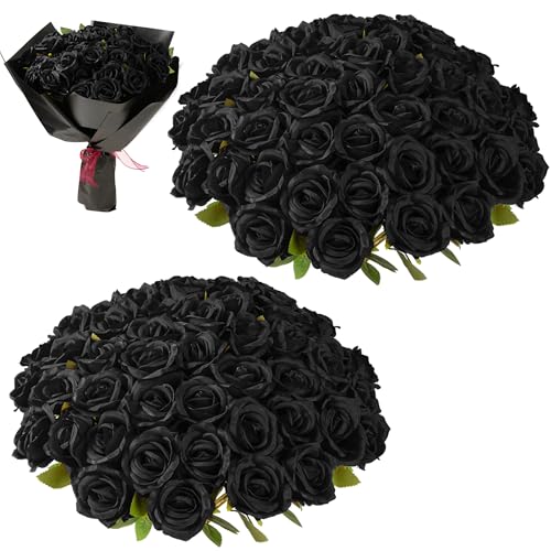 Fanfantoey Black Roses Artificial Flowers Bulk, 52Pcs Fake Roses Flower Arrangement, DIY Silk Flowers Roses Bouquet, Realistic Faux Artificial Roses for Mother's Day Home Table Decor