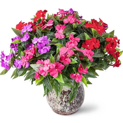 Nigirior Artificial Fake Flowers for Outdoor Décor 6 Bundles UV Resistant Fake Plants for Planter Faux Impatiens for Home Porch/Garden Stunning（Red/Rose Red/Purple） - color: Red/Rose Red/Purple