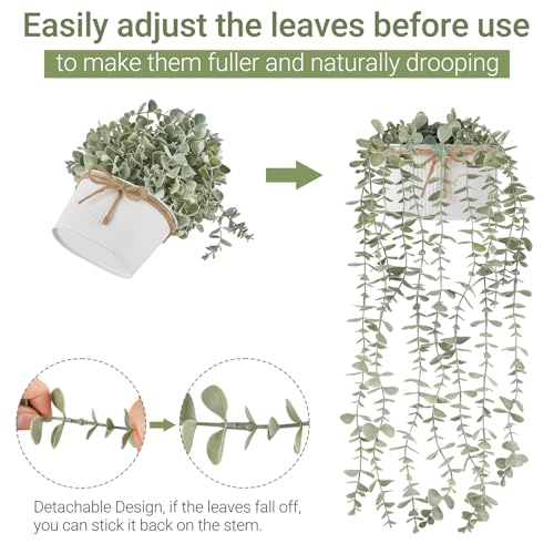 Mkono Fake Hanging Plants in Farmhouse Galvanized Pots Rustic Faux Potted Eucalyptus Greenery Indoor Artificial Plants for Book Shelf Mantel Living Room Bathroom Bedroom Home Office Decor (1, White) - color: White