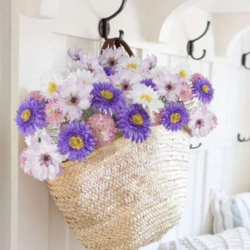 CISDUEO 4 Pcs Artificial Wildflowers Fake Cosmos with Long Stem Silk Flower Chrysanthemums Artificial Flowers Arrangements for Wedding Bridal Bouquet Table Centerpiece Outdoor Summer Spring Decor - color: Purple, White, Pink