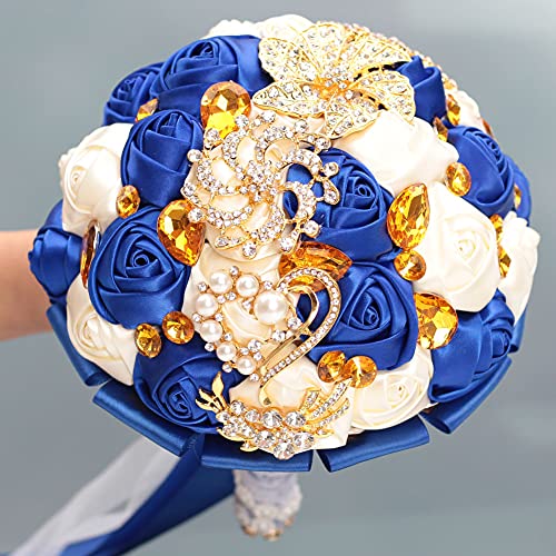 Handmade Wedding Bouquets for Bride Bridesmaid Brooch Artificial Holding Flower Tossing Bouquet（Ivory/Royal Blue,24cm,1PC - color: Ivory/Royal Blue, size: 24CM/9.4''