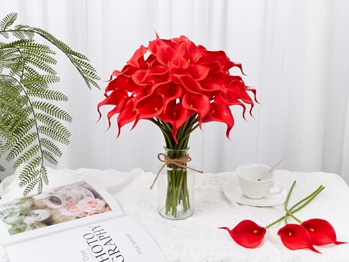 24 Pcs Red Artificial Calla Lily Flowers Fake Red Silk Flowers Real Touch for Wedding Bouquet Office Home Kitchen Decor - color: Red