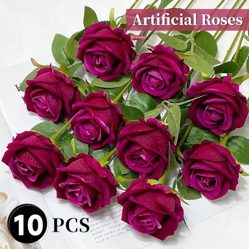 10 PCS Artificial Roses with Long Stems Silk Flowers Realistic Foam Flowers Fake Roses for Valentine's Day Home Wedding Halloween Decor(Rose Red) - color: Rose Red